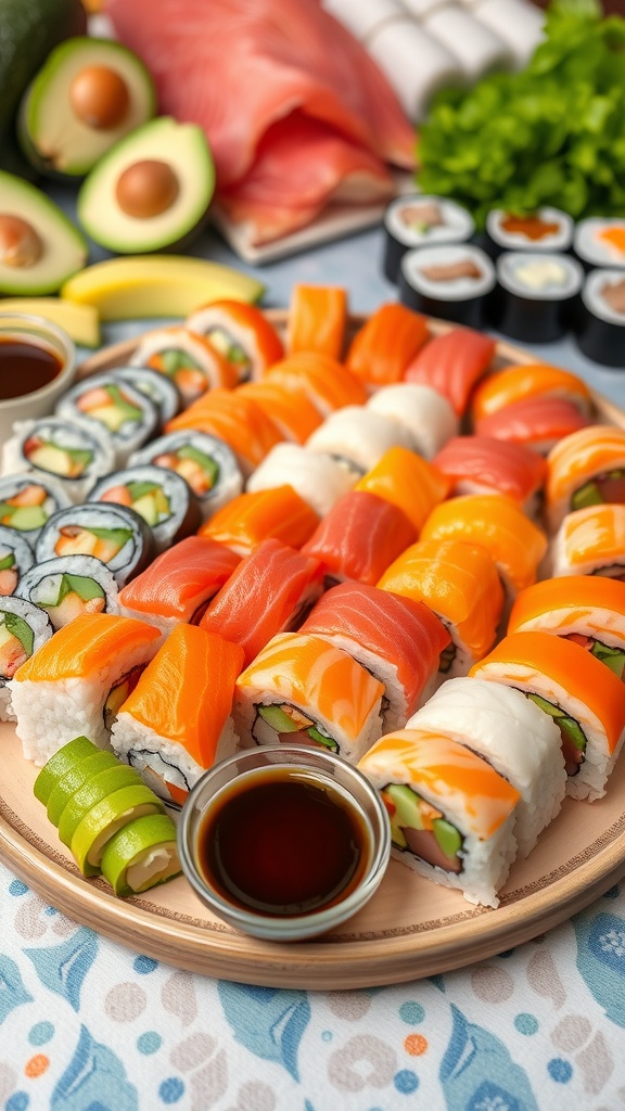 An array of sushi rolls with dipping sauces on a platter.